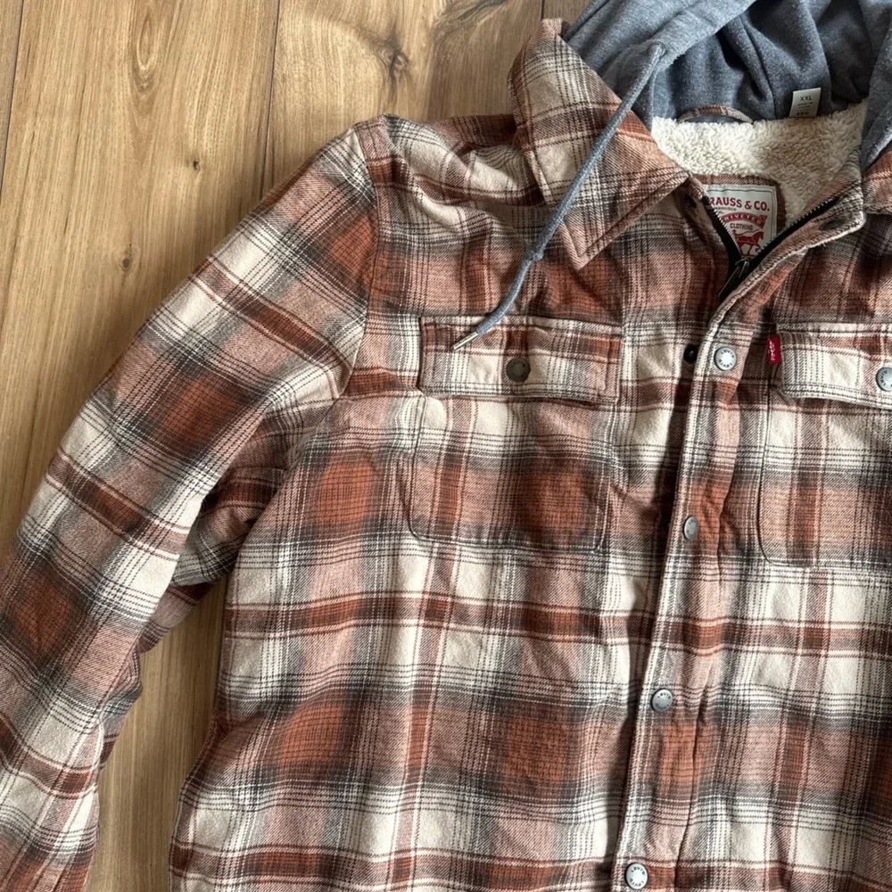 Levi's Men's Size XXL Sherpa Lined Hooded Plaid Brown And Orange Shirt Jacket - Picture 5 of 13